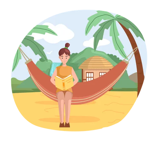 Happy woman reading book on vacation  Illustration