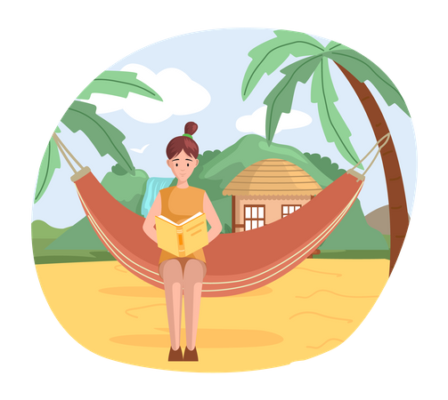 Happy woman reading book on vacation  Illustration