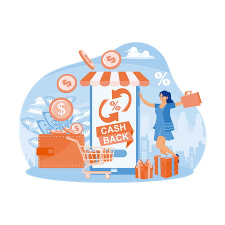 Happy Woman Receiving Cashback From Online Shop  Illustration