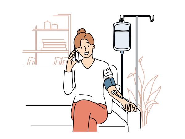 Happy woman receiving dropper with vitamins sitting on couch at home and talking to doctor on phone  Illustration