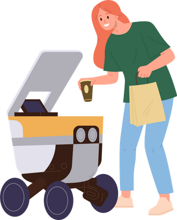Happy woman receiving fastfood packet and coffee delivered by robotic machine  イラスト