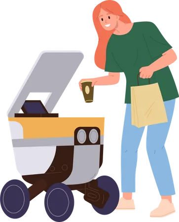 Happy Smiling Woman Cartoon Character Receiving Fastfood Packet And Coffee Delivered By Robotic Automated Machine Isolated On White Background Modern Technology Contactless Shipping Service Illustration