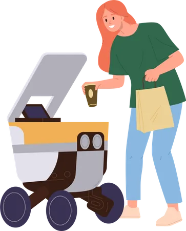 Happy woman receiving fastfood packet and coffee delivered by robotic machine  Illustration