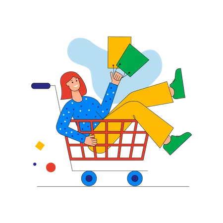 Happy woman rides in supermarket trolley with bags Illustration