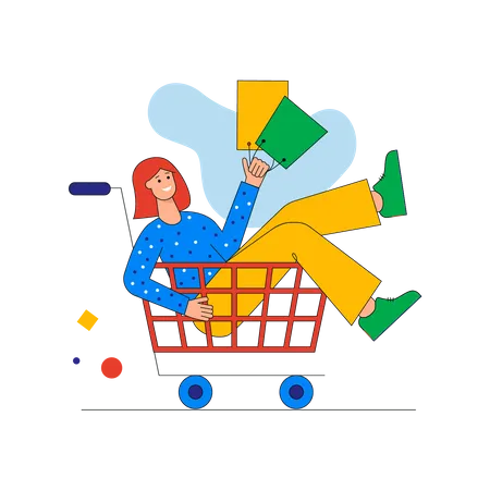 Happy woman rides in supermarket trolley with bags  Illustration