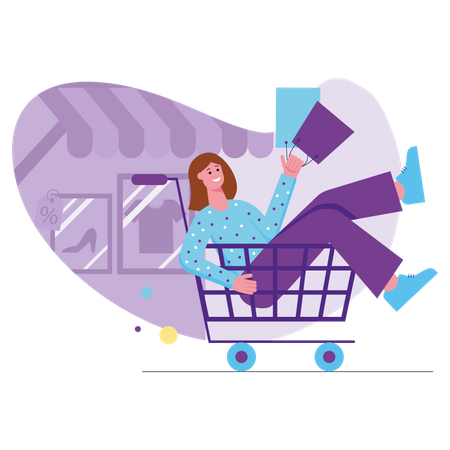 Happy woman rides in supermarket trolley with bags  Illustration