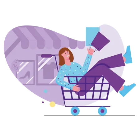 Happy woman rides in supermarket trolley with bags  Illustration