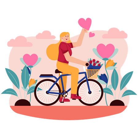 Happy woman riding bicycle  Illustration