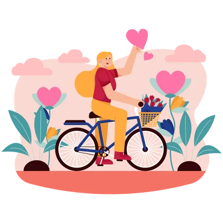 Happy woman riding bicycle  Illustration