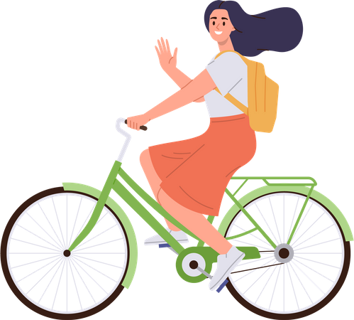 Happy woman riding bicycle travelling by eco friendly transport on weekend  Illustration