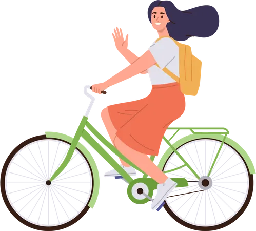 Happy woman riding bicycle travelling by eco friendly transport on weekend  Illustration