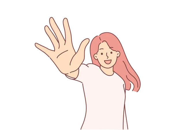 Happy Woman Holds Out Hand To Screen And Says Hello Or Demonstrates Number Five With Fingers Young Girl Smiles And Wants To Share Good Mood Or Positive Emotions With People Around Illustration