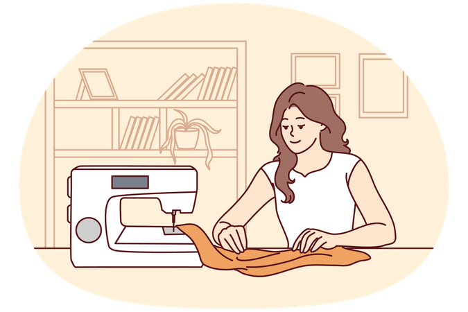 Happy woman sewing on machine at home  Illustration
