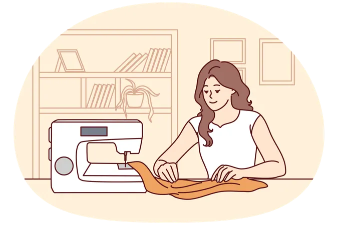 Happy woman sewing on machine at home  Illustration