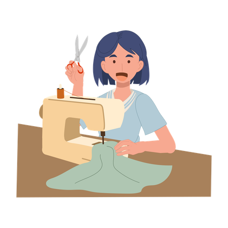 Happy woman sewing with machine while holding scissors in creative workspace for handmade clothing and fashion design  Illustration