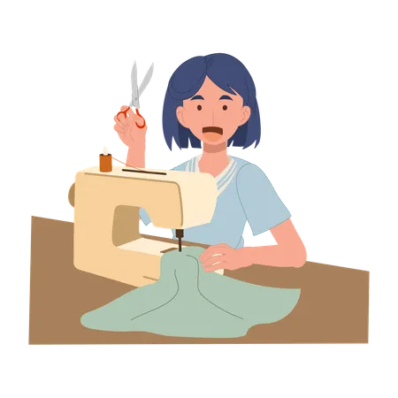 Happy woman sewing with machine while holding scissors in creative workspace for handmade clothing and fashion design  Illustration