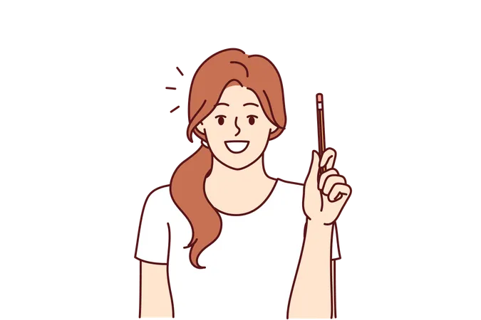 Happy Woman Has Come Up With New Idea And Is Holding Up Pencil To Share Thoughts And Discuss Topic Young Inspired Girl With Smile Looks At Screen Recommending Listening To Cool Idea To Improve Life Illustration