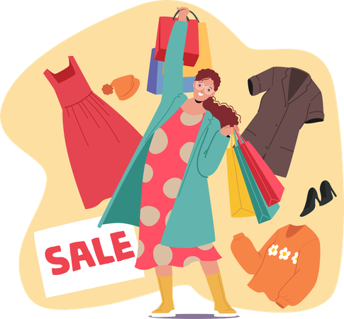 Happy woman shopaholic pulling heavy shopping bags with purchases rejoicing sales  Illustration