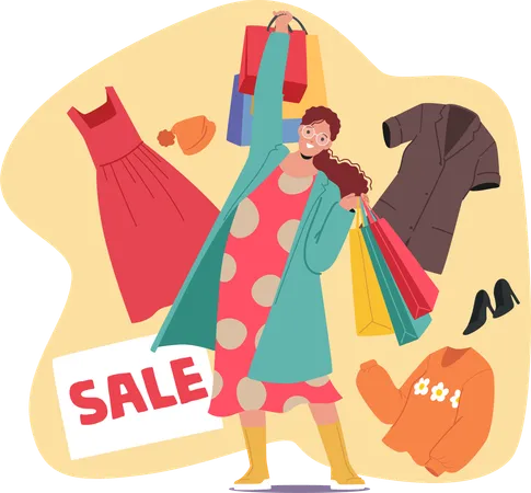 Happy woman shopaholic pulling heavy shopping bags with purchases rejoicing sales  Illustration