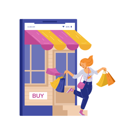 Happy woman shopper customer of retail shops dance with shopping bags in hands  Illustration