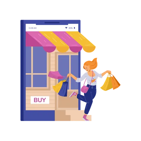 Happy woman shopper customer of retail shops dance with shopping bags in hands  Illustration