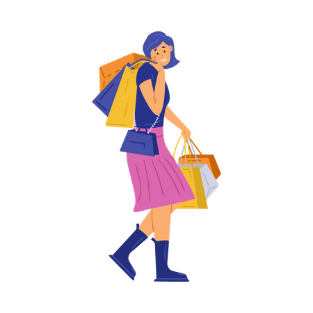 Happy woman shopper shopaholic hold lot bags with purchases in hands  Illustration