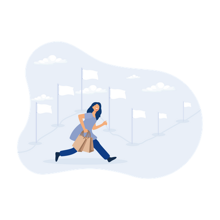 Happy woman shopper walking with purchased shopping bags on the journey Illustration
