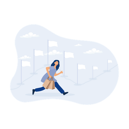 Happy woman shopper walking with purchased shopping bags on the journey  Illustration