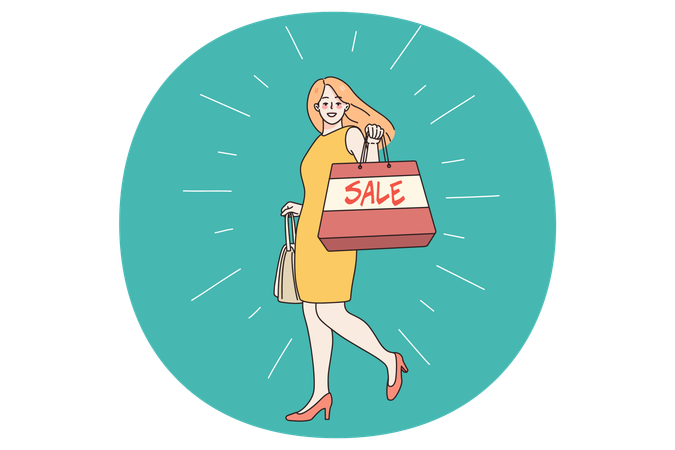 Happy woman shopping clothes on sales  Illustration