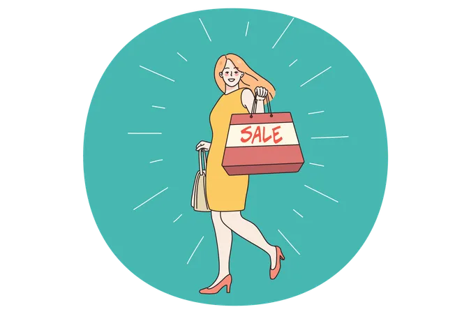 Happy woman shopping clothes on sales  Illustration