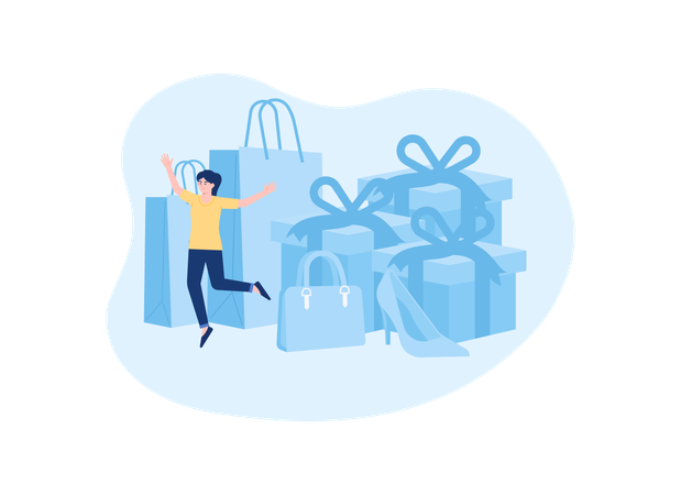 Happy woman shopping online and getting promotional gifts  Illustration