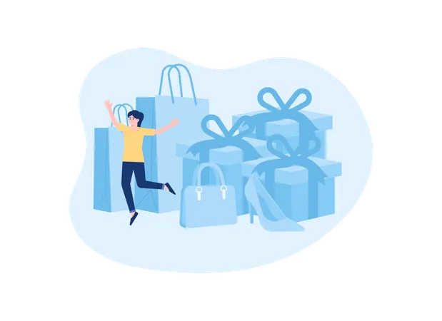 Happy woman shopping online and getting promotional gifts  Illustration