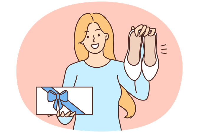 Happy woman showing new shoes and box with gift bow boasting purchase after shopping  Illustration