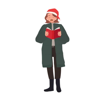 Happy Woman Singing Christmas Song In Winter Costumes Woman In Festive Winter Attire Singing Christmas Carols Illustration