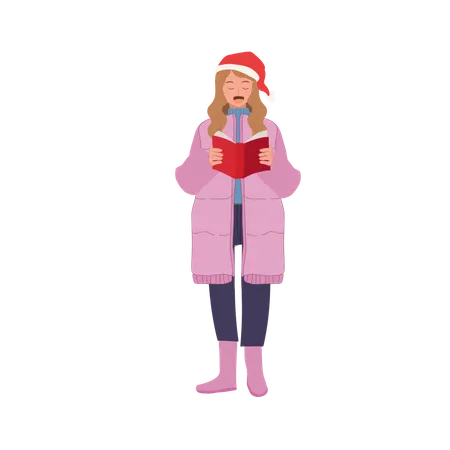 Happy Woman Singing Christmas Song In Winter Costumes Woman In Festive Winter Attire Singing Christmas Carols Illustration