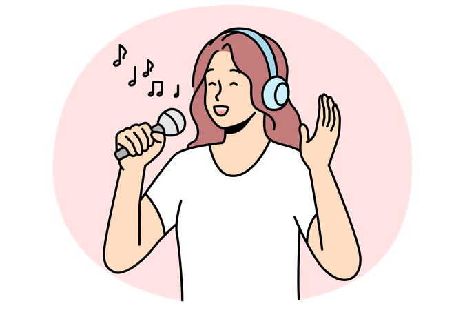 Happy woman singing in microphone  Illustration
