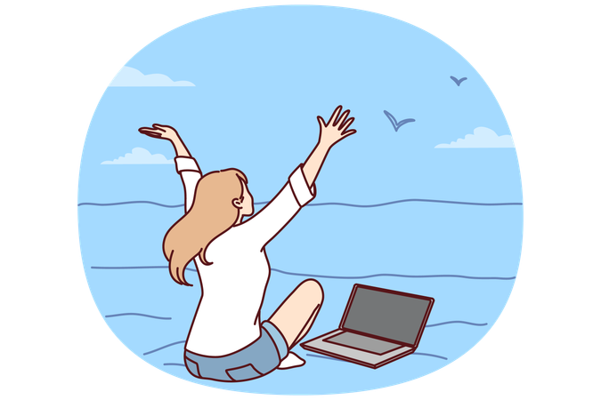 Happy woman sit on beach work on computer  Illustration
