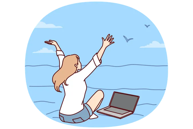 Happy woman sit on beach work on computer  Illustration