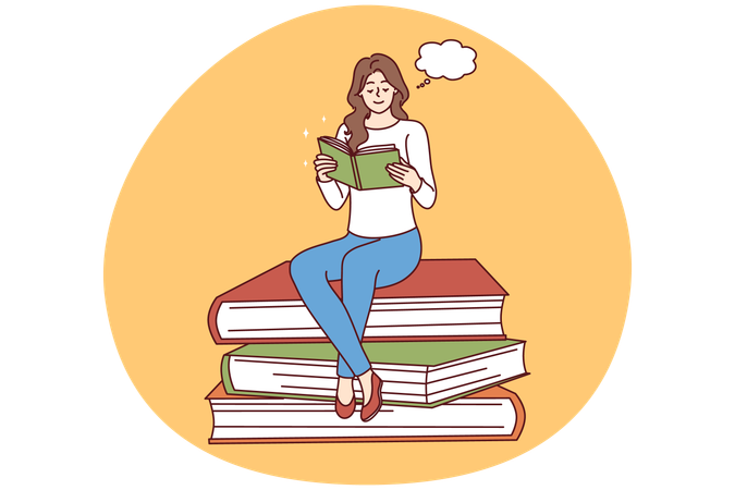 Happy woman sit on pile reading book  Illustration