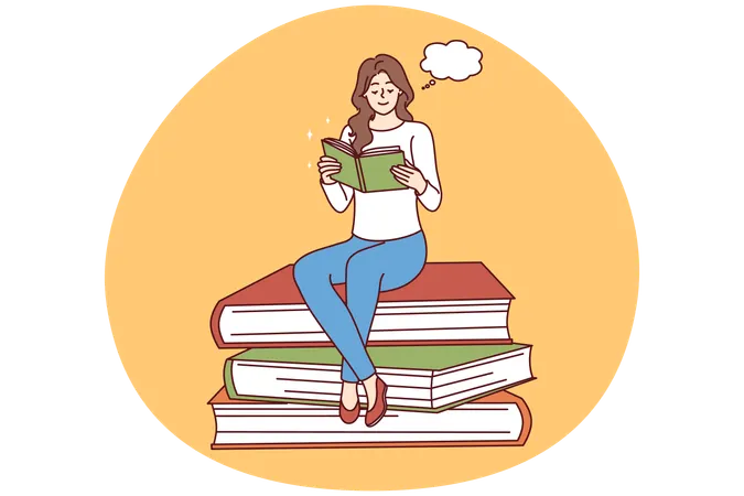 Happy woman sit on pile reading book  Illustration