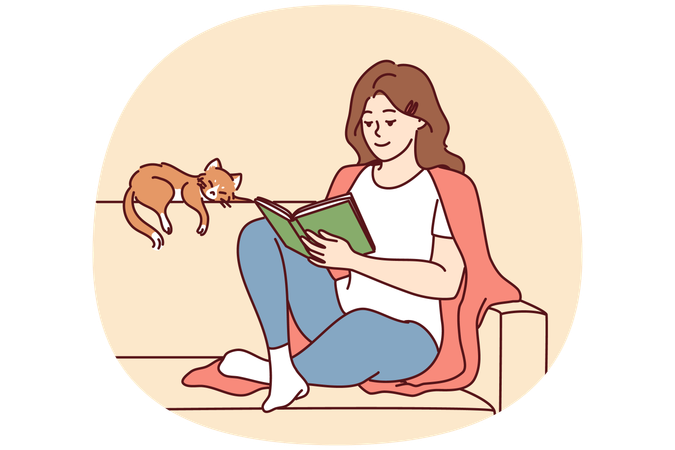 Happy woman sit on sofa reading book  Illustration