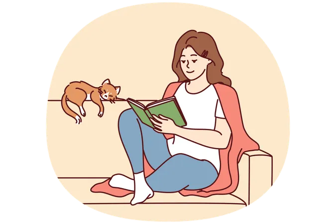 Happy woman sit on sofa reading book  Illustration