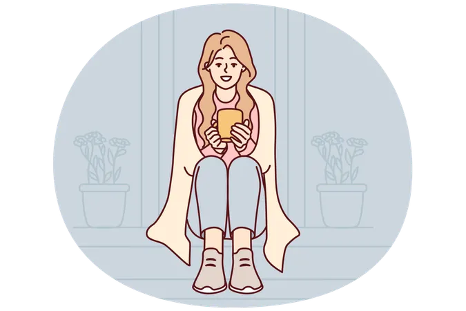 階段に座ってコーヒーを飲む幸せな女性  イラスト