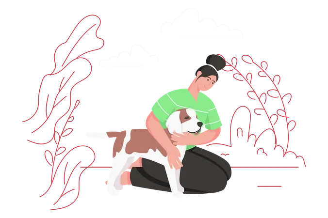 Happy woman sitting and hugging her dog  イラスト