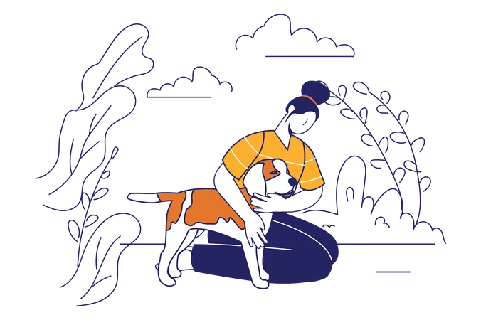 Pets With Owners Concept In Flat Line Design For Web Banner Woman Hugging Dog On Walk In Park Friendly Relations And Animals Caring Modern People Scene Vector Illustration In Outline Graphic Style Illustration