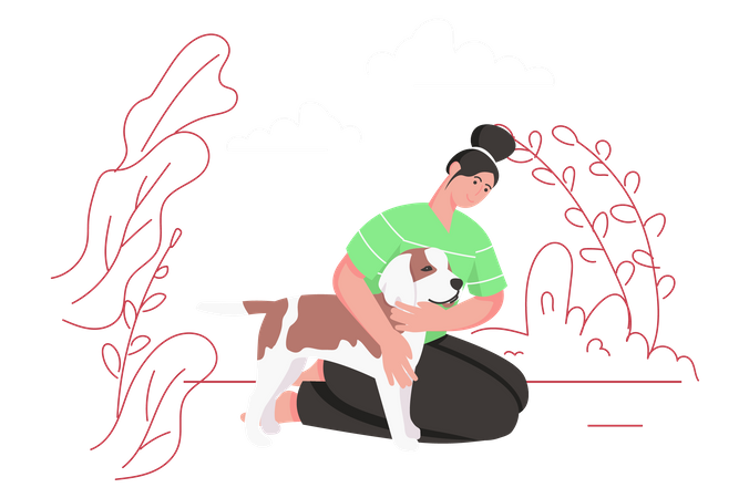 Happy woman sitting and hugging her dog  Illustration