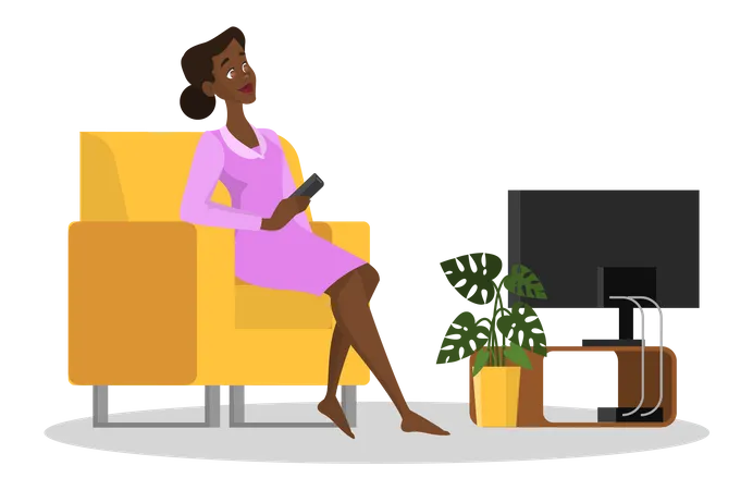 Happy Woman Sitting In The Armchair And Watch TV Show Comfortable Couch Relaxation At Home Isolated Vector Illustration In Cartoon Style Illustration