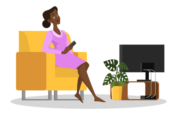 Happy woman sitting in the armchair and watch TV  Illustration