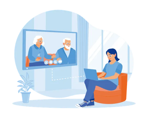 Happy woman sitting on sofa holding laptop indoors while Communicate with his parents via video call  Illustration