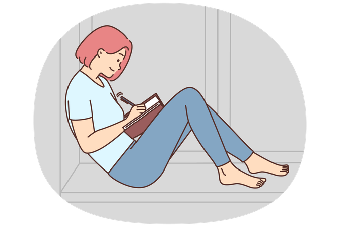 Happy woman sitting on windowsill taking notes  Illustration